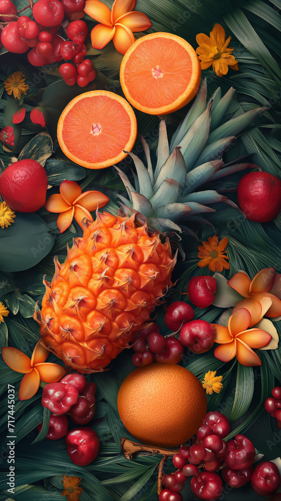Fruitful Floral Frame: A vibrant and festive vector illustration featuring a background adorned with fruits, berries, and flowers, perfect for holiday cards and summer celebrations Fruitful Floral Frame: A vibrant and festive vector illustration featuring a background adorned with fruits, berries, and flowers, perfect for holiday cards and summer celebrations
