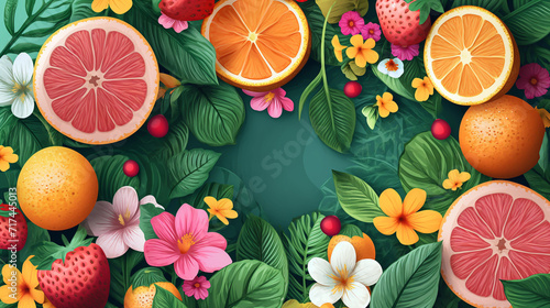 Fruitful Floral Frame: A vibrant and festive vector illustration featuring a background adorned with fruits, berries, and flowers, perfect for holiday cards and summer celebrations