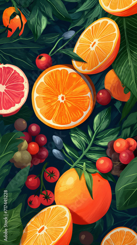 Fruitful Floral Frame: A vibrant and festive vector illustration featuring a background adorned with fruits, berries, and flowers, perfect for holiday cards and summer celebrations