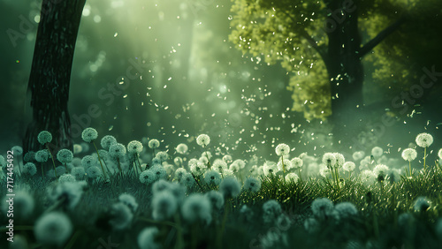 A breathtaking symphony of delicate dandelion seeds floating into the sky.