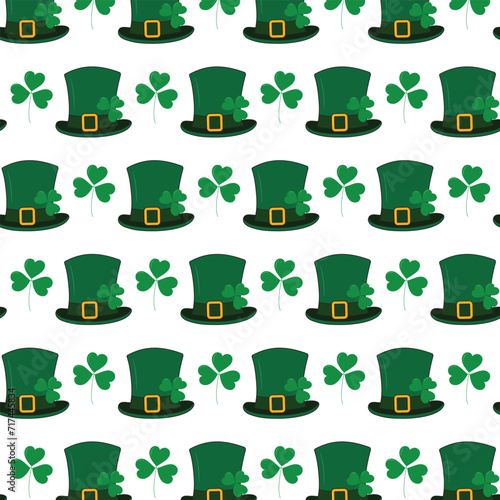 Seamless pattern of Leprechaun hats with ribbon buckle and shamrocks. St. Patrick background texture photo