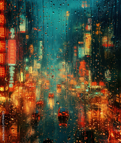 Drops on glass on rainy cloudy day. View of city from the window. Generative AI