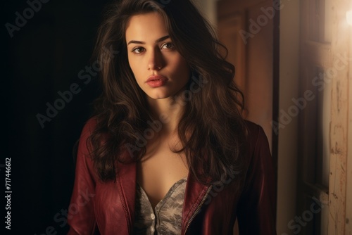 Portrait of a beautiful young brunette woman in a red jacket. © Inigo