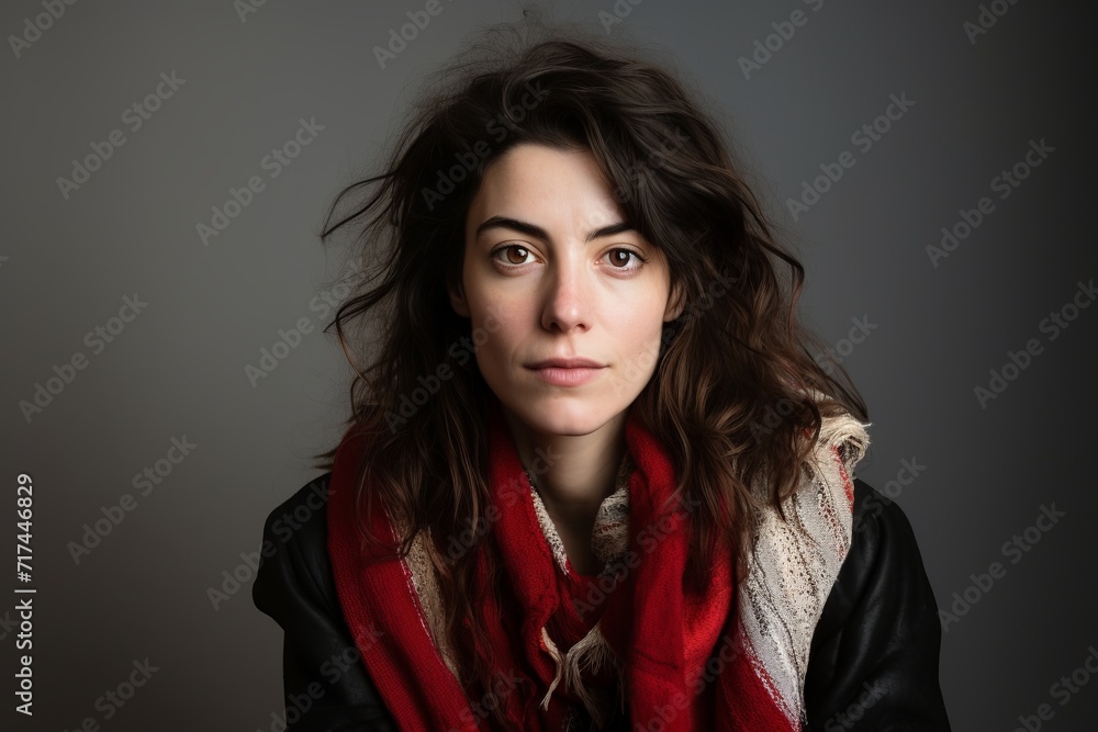 Young beautiful woman with long brown hair in a red scarf on a gray background Young beautiful woman with long brown hair in a red scarf on a gray background