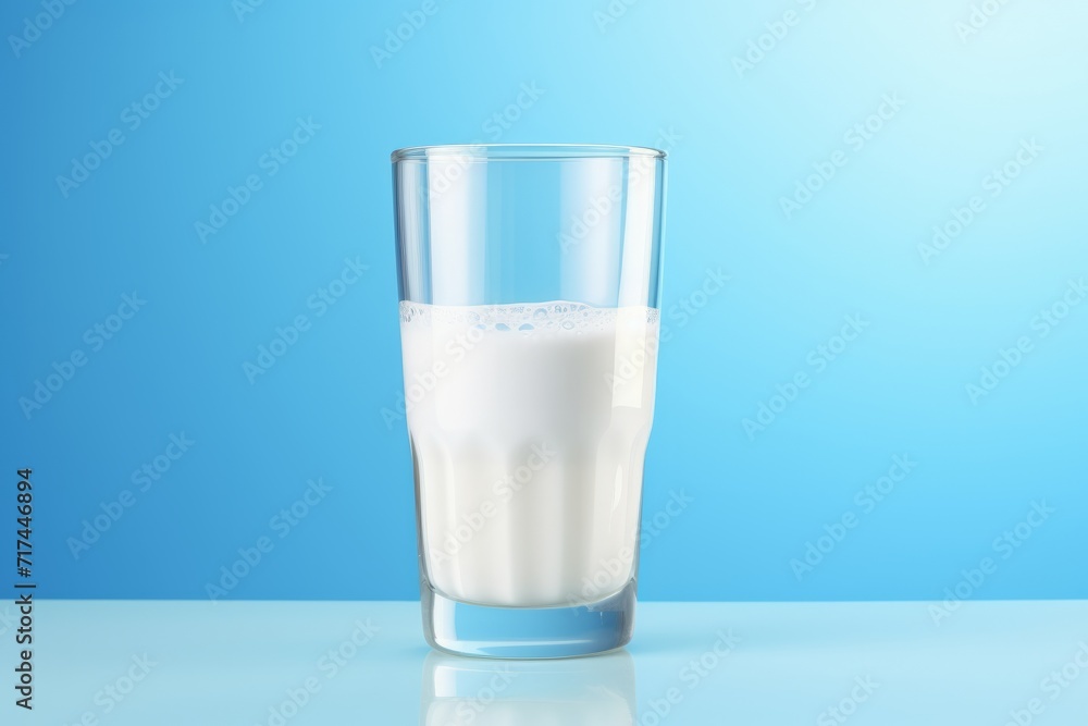 Glass of Cold Milk with Condensation, on blue background, Generative AI Glass of Cold Milk with Condensation, on blue background, Generative AI