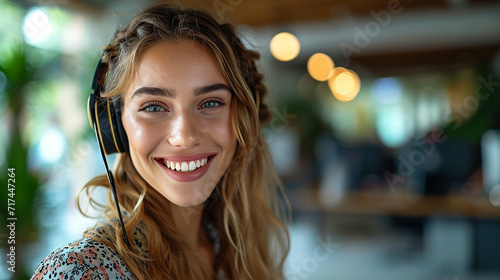 customer service representative; friendly support; online assistance; woman with headset; cheerful service agent; professional helpdesk; customer support; virtual help; call center agent; teleservice  photo