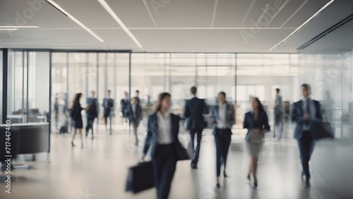 Blurred group of busy business people moving through a corporate office space