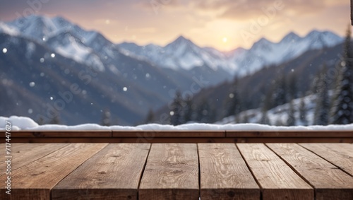 Empty wooden table on defocused blurred snow mountain background. © New generate
