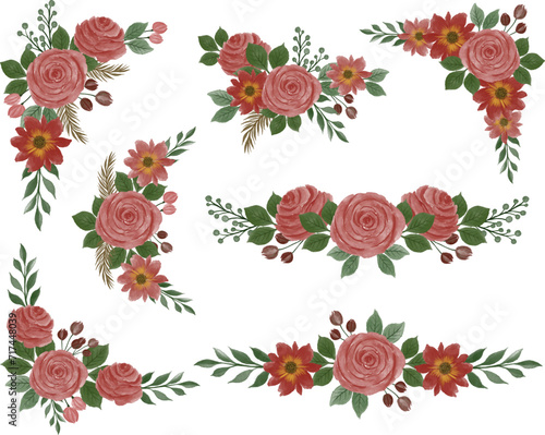 arrangement of red rose watercolor frame for greeting card