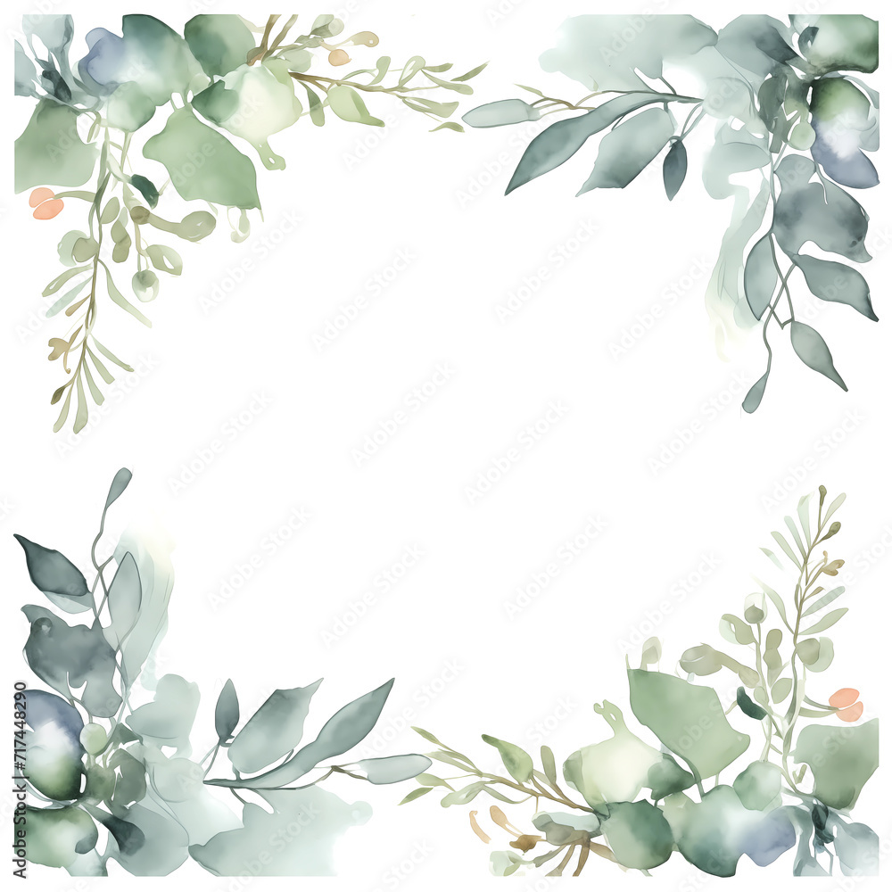 Botanical frame elements. Watercolor rectangular frame with green eucalyptus leaves and white flowers isolated on white background. For wedding invitation, save the date or greeting cards.