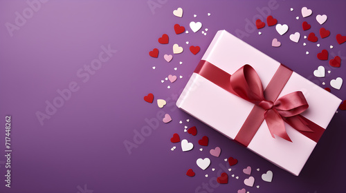 Gift box with beautiful ribbon concept for Valentine s Day  Anniversary  and Mother s Day. Isolated on a Solid Purple Background with copyspace