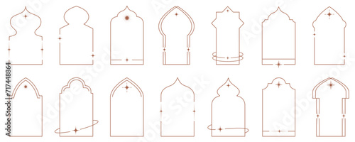 Aesthetic frame shape. Outline minimal graphic elements with stars. Abstract boho arches with sparkles. Trendy ramadan islamic templates set for poster and story. Vector illustration