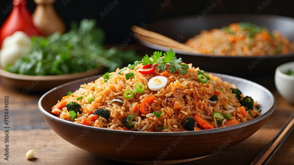 savory essence of Kimchi fried rice on a wooden table the dish from a side view, focusing on the medley of colorful vegetables, aromatic rice, and the tantalizing blend of flavors savory essence of Kimchi fried rice on a wooden table the dish from a side view, focusing on the medley of colorful vegetables, aromatic rice, and the tantalizing blend of flavors