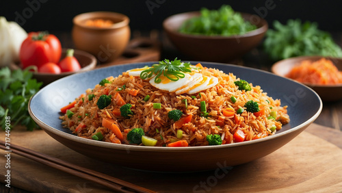 savory essence of Kimchi fried rice on a wooden table the dish from a side view, focusing on the medley of colorful vegetables, aromatic rice, and the tantalizing blend of flavors