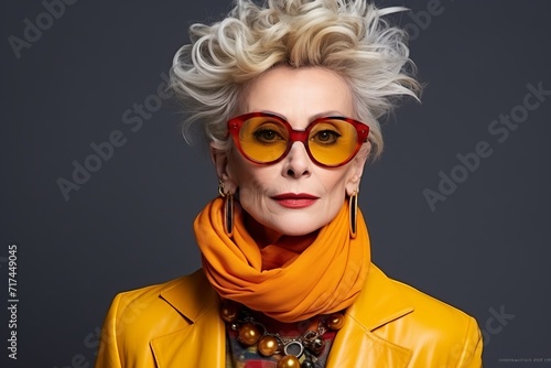 Fashionable blonde woman in yellow coat and red glasses. Studio shot. © Inigo
