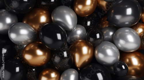Black and gold flying balloons in front of a black wall. generative ai. © original logo