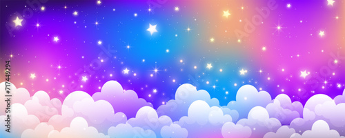 Fantasy pink unicorn background with clouds and stars. Pastel color sky. Magical landscape, abstract fabulous pattern. Cute candy wallpaper. Vector.