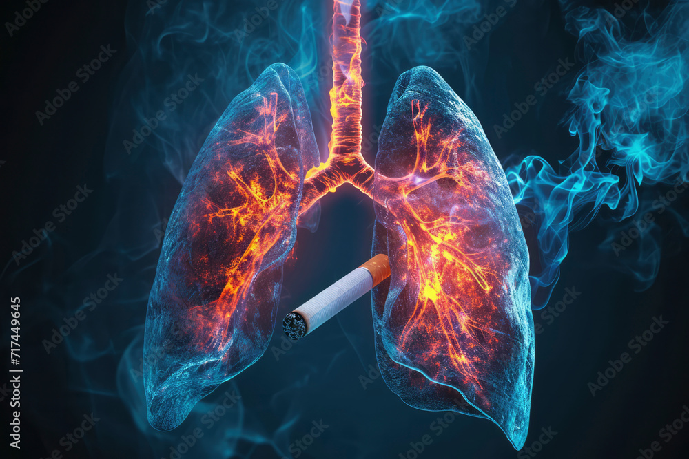 Smoking: Cigarette smoking is a leading cause of lung-related health issues. It can lead to conditions such as chronic - obrazy, fototapety, plakaty 