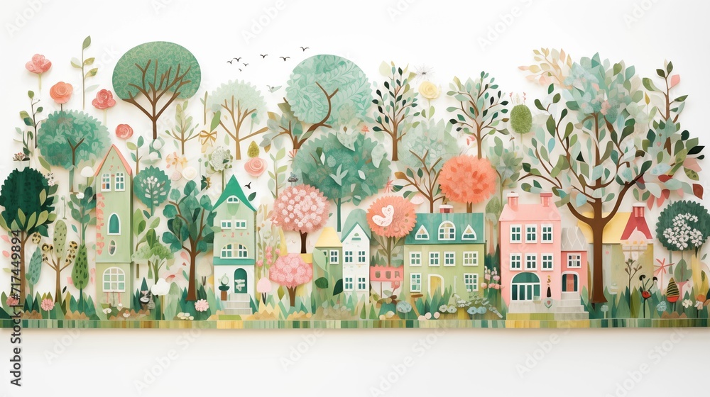 cityscape illustration landscape paper cut out art style. urban city cityscape with house, tree, leaf. colorful color theme