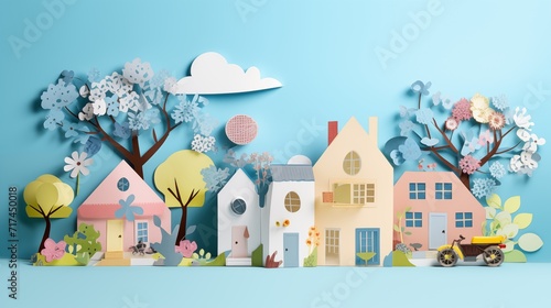 cityscape illustration landscape paper cut out art style. urban city cityscape with house  tree  leaf. colorful color theme