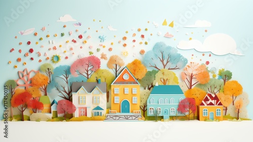 cityscape illustration landscape paper cut out art style. urban city cityscape with house, tree, leaf. colorful color theme