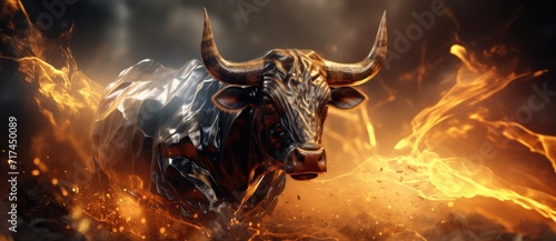 Capturing the essence of a thriving bull market in cryptocurrency, a golden bull statue is prominently placed amid scattered Bitcoin symbols. photo