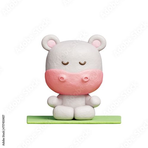 3D cute hippo meditation yoga  Cartoon animal character  3D rendering.
