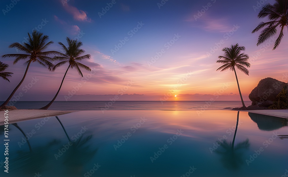 outdoor luxury sunrise over an infinity pool swimming summer beachfront hotel resort