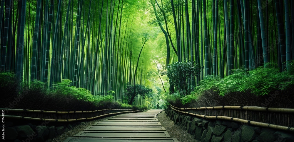 Fototapeta premium Illustration of a dense and extensive bamboo forest. generative ai.