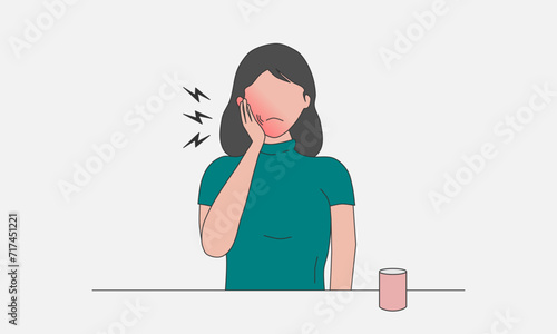 Woman holding her cheek because of toothache. Vector illustration.