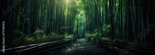 Green bamboo forest with a small path in the middle. generative ai. photo