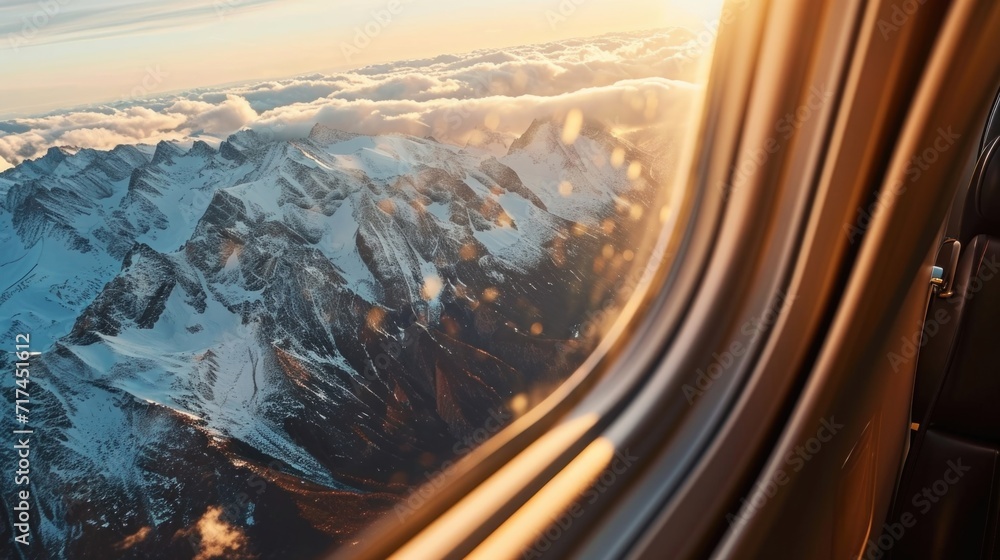 A unique and personalized touch for your correspondence, set against a scenic private jet window showcasing majestic mountain vistas. - obrazy, fototapety, plakaty 