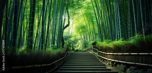 Green bamboo forest with a small path in the middle. generative ai.