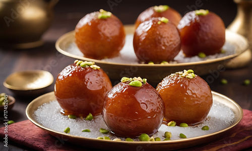 Indian Traditional Sweet Gulab Jamun in sugar syrup, selective focus, Generative AI