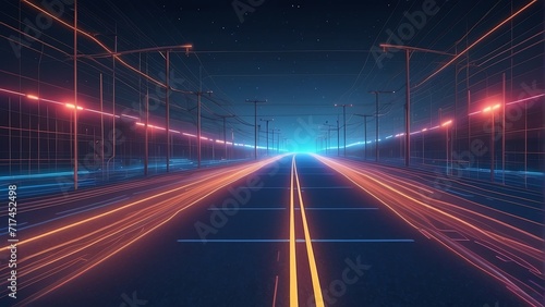 Retro blue road digital highway background with neon grid lines from Generative AI