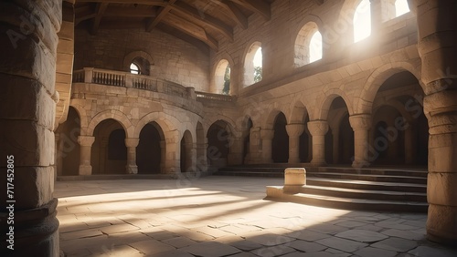Ancient castle kingdom hall made of stone with arches and stairs leading up to the balcony outside with sun light rays from Generative AI