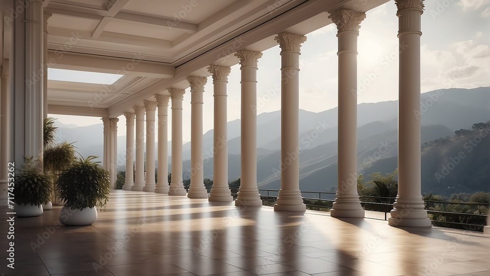 Modern classical style empty luxury terrace with columns and mountain view from Generative AI