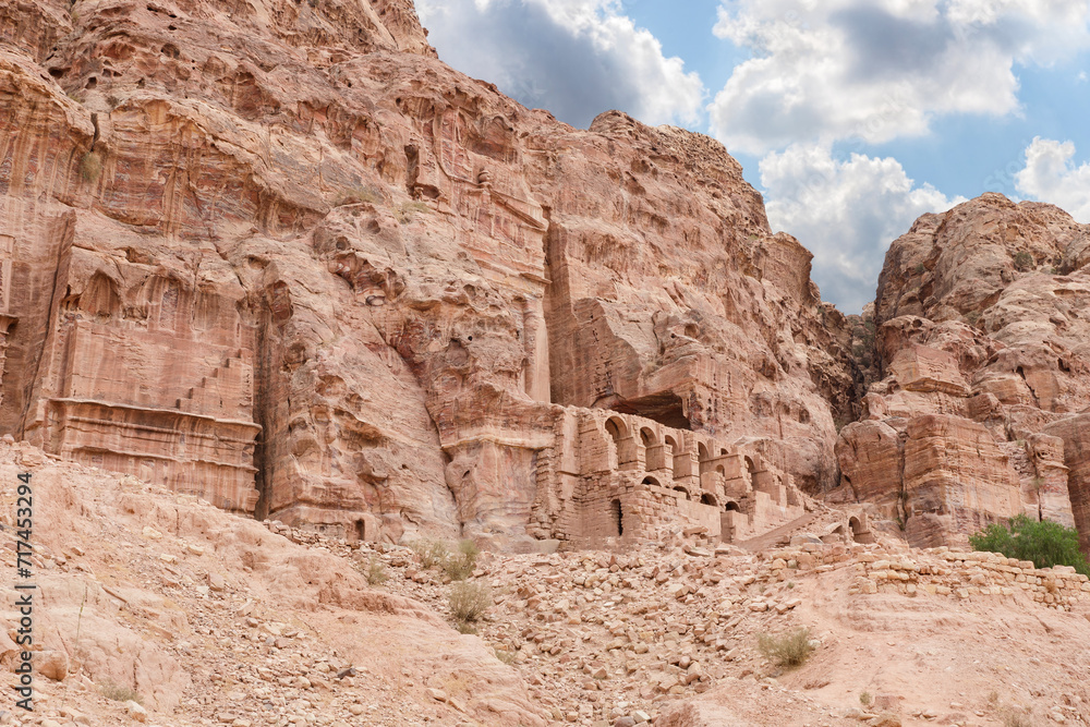 The part of the Great Temple is the archaeological ruins of the massive structure covering in the Nabatean Kingdom of Petra in the Wadi Musa city in Jordan