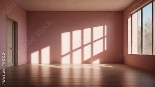 Minimalist empty pink room with soft sun light rays and shadow from Generative AI