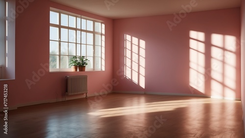 Minimalist empty pink room with soft sun light rays and shadow from Generative AI