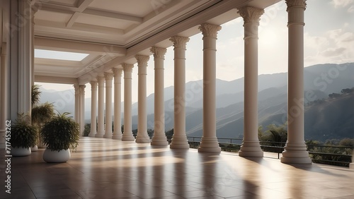 Modern classical style empty luxury terrace with columns and mountain view from Generative AI photo
