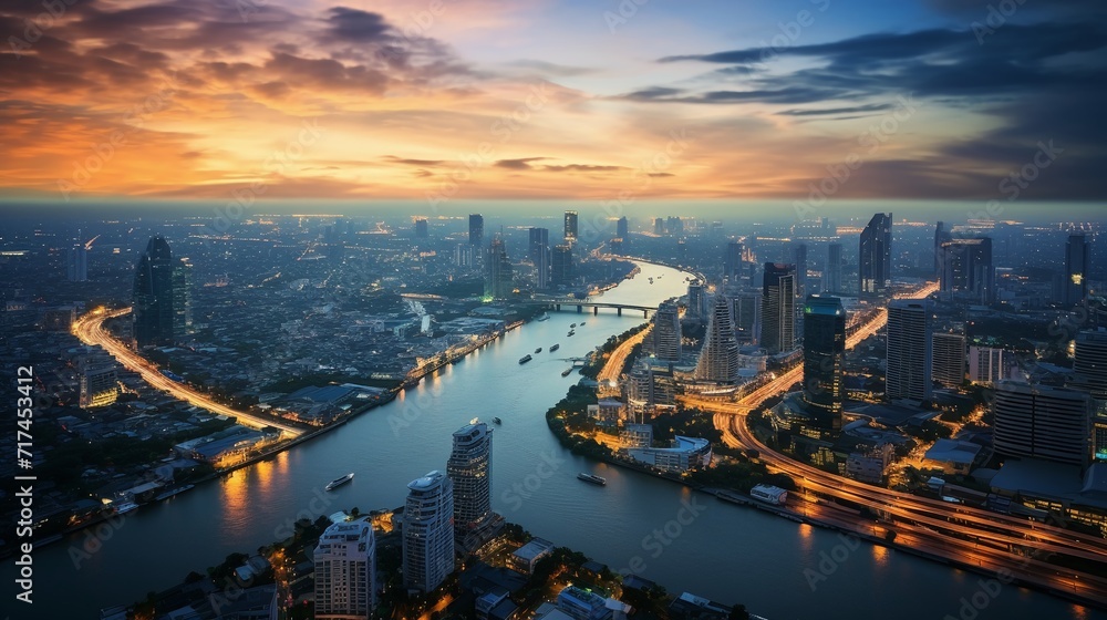 Obraz premium Aerial view of city skyline at sunset.