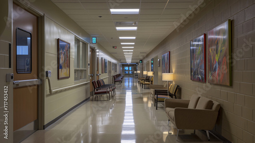 A long hallway with doors on both sides and paintings on the walls