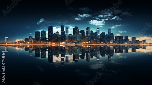 Night view of modern city with reflection on water surface.