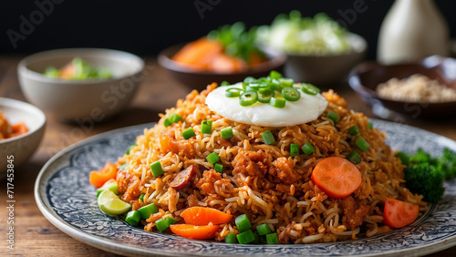 Picture Kimchi fried rice plated elegantly on a wooden table from a side perspective, highlighting the intricate details of each ingredient and the inviting textures that make this dish a culinary del © mdaktaruzzaman