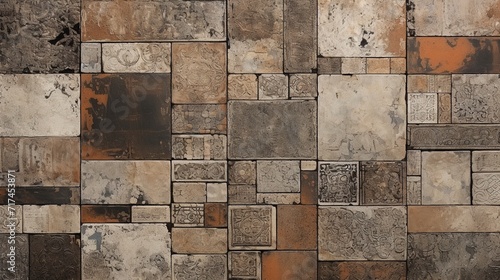 Vintage wall with brown and cream colored tiles for ancient design background. photo