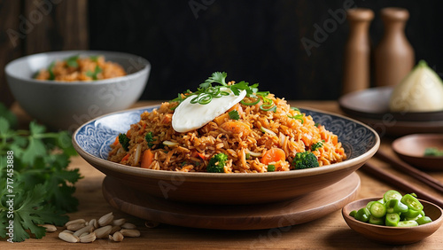 Picture Kimchi fried rice plated elegantly on a wooden table from a side perspective, highlighting the intricate details of each ingredient and the inviting textures that make this dish a culinary del