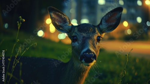Closeup of a young doeeyed deer staring intently at the camera in an urban park its delicate features illuminated by the city lights in the darkness. Despite being surrounded