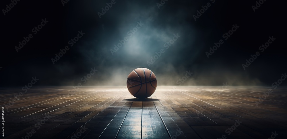basketball photographed in the middle of the court with smoke effects on the side. Generative AI - obrazy, fototapety, plakaty 