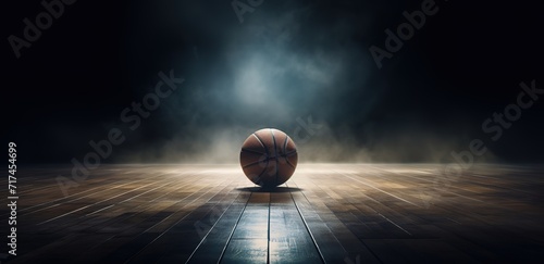 basketball photographed in the middle of the court with smoke effects on the side. Generative AI
